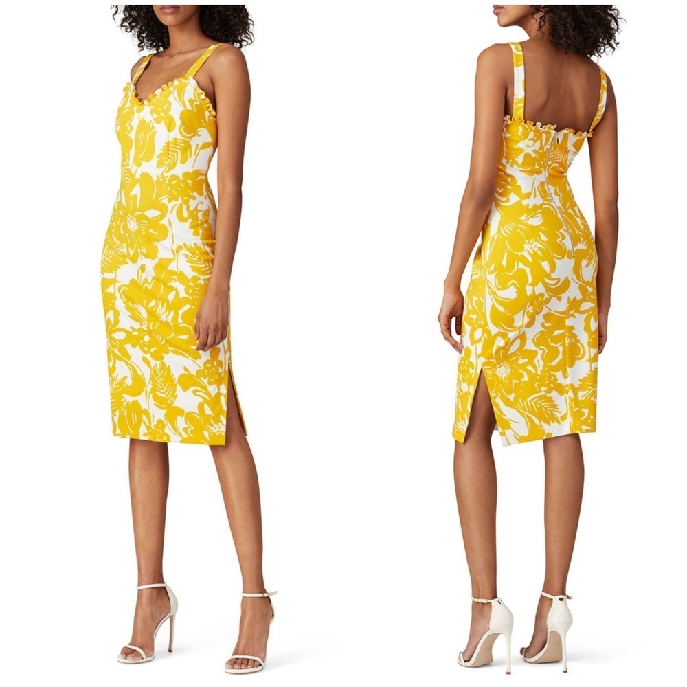 Trina Turk Women’s Zile Floral Ruffle Sleeveless Sheath Bodycon Midi Dress Sz 4